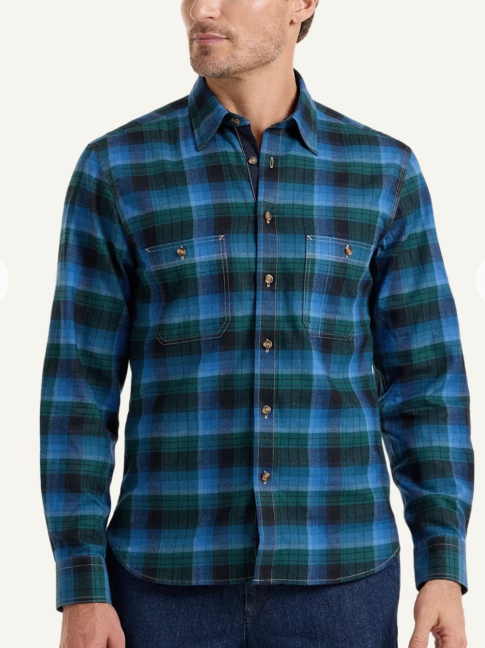 Paul Fredrick Cotton Point Collar Plaid Button-Down Shirt Blue/Black/Yellow  L